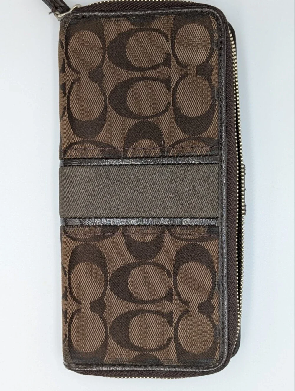 Coach Signature C Jacquard Canvas Patent Leather Zip Around Folding Wallet Dark